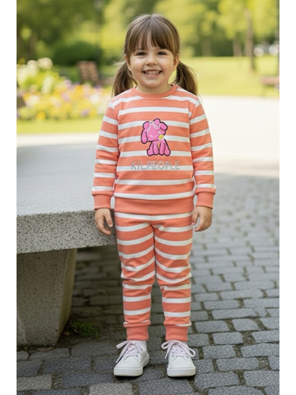 Turuncu Kız Çocuk Yavruağzi Çizgili Nakışlı İki İplik İkili Takım - 28011-YAVRUAGZI-1