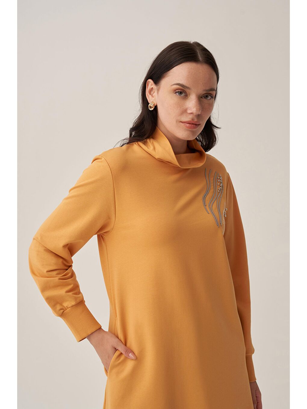 Kirli Sarı-Taş İşlemeli Pamuklu Tunik-4