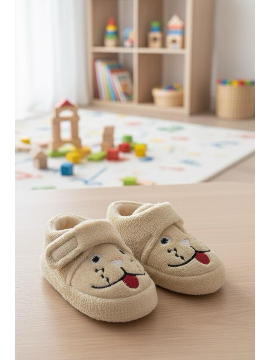 Ekru Sevimli Hayvanlar Cırtlı Kaydırmaz Taban Kreş Ev Okul Ayakkabısı Bebek Çocuk Panduf Ev Botu
