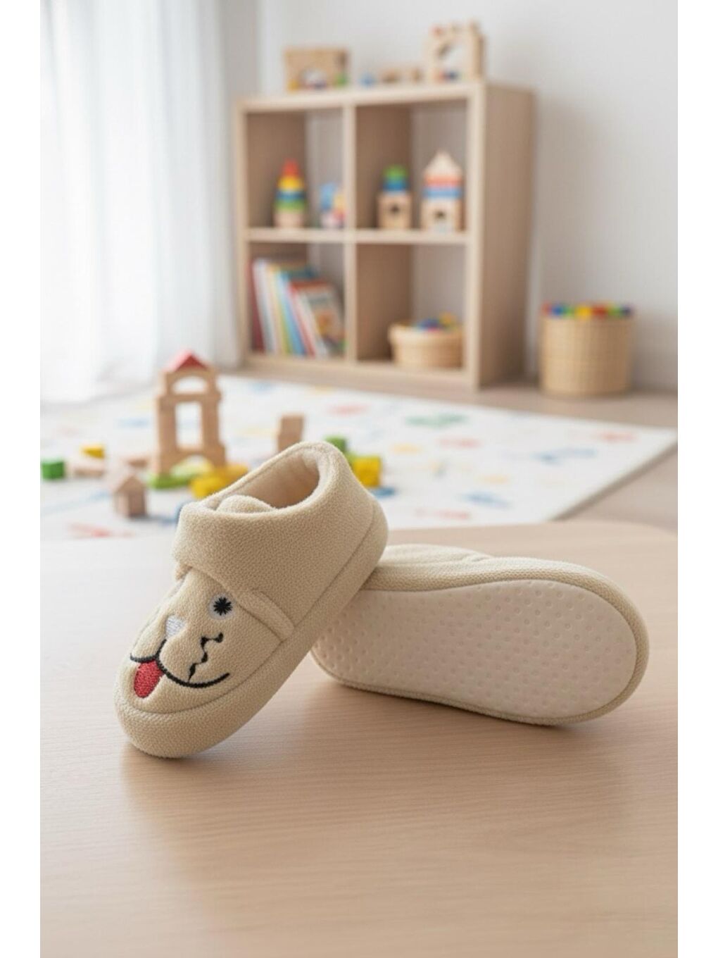 Ekru Sevimli Hayvanlar Cırtlı Kaydırmaz Taban Kreş Ev Okul Ayakkabısı Bebek Çocuk Panduf Ev Botu-1