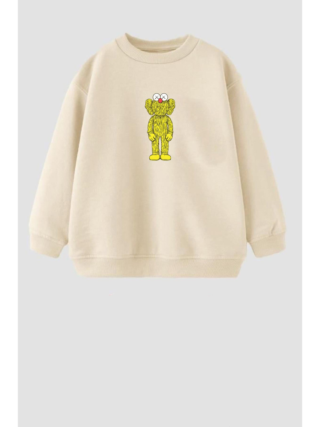 Bej Unisex Çocuk Kaws Baskılı 3 İplik Kumaş Pamuklu Sweatshirt