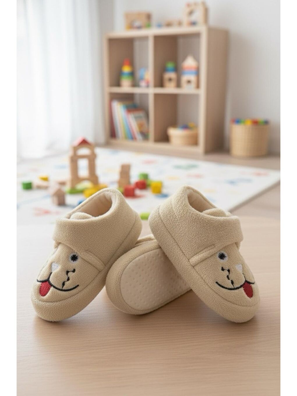 Ekru Sevimli Hayvanlar Cırtlı Kaydırmaz Taban Kreş Ev Okul Ayakkabısı Bebek Çocuk Panduf Ev Botu-2