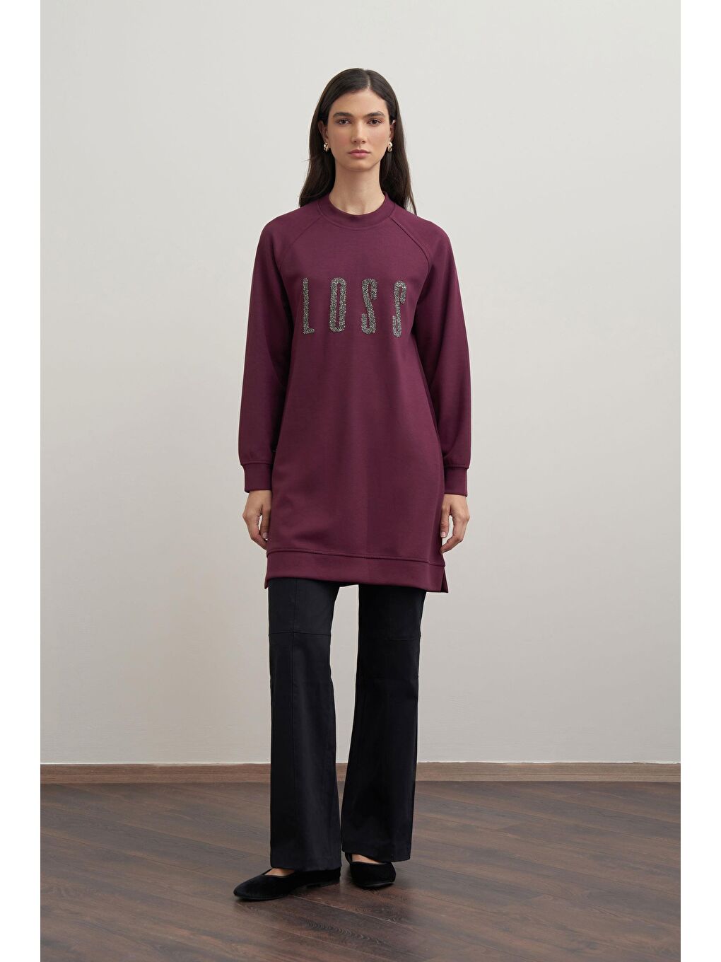 Bordo-Yumuşak Dokulu Baskılı Reglan Tunik
