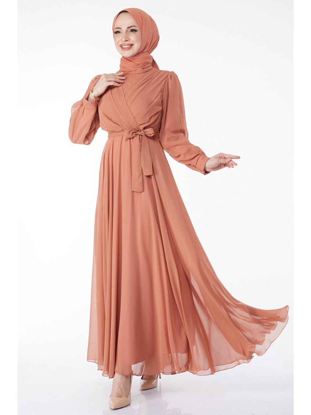 Hakim Yaka Kadın Lila Kruvaze Yaka Kuşaklı Abiye Elbise - 23864-1