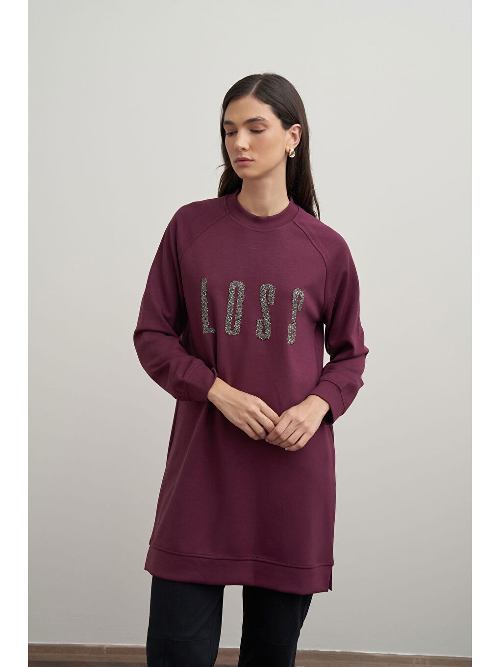 Bordo-Yumuşak Dokulu Baskılı Reglan Tunik-1