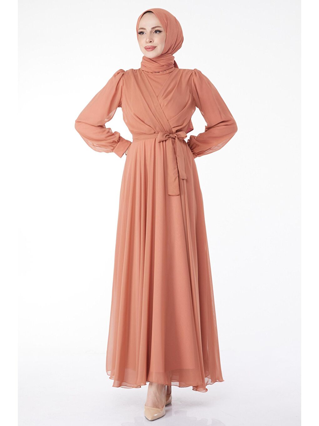 Hakim Yaka Kadın Lila Kruvaze Yaka Kuşaklı Abiye Elbise - 23864-2