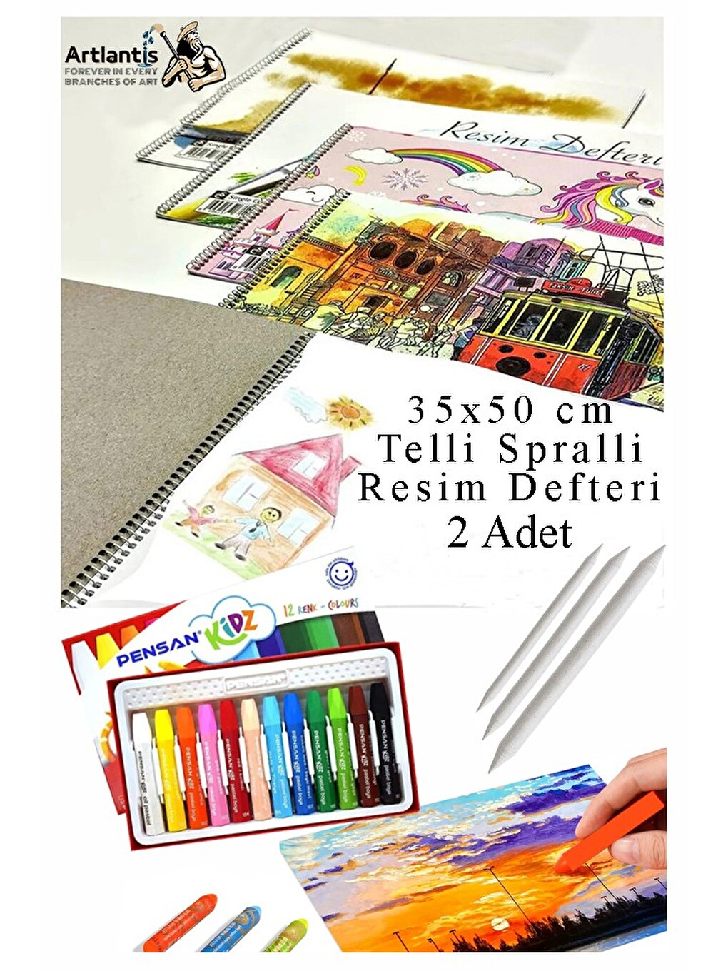12 Renk Pensan Pastel Boya 35x50 Cm Telli Spralli Resim Defteri Pastel Dağıtma Kalemi 15 Yaprak Resi