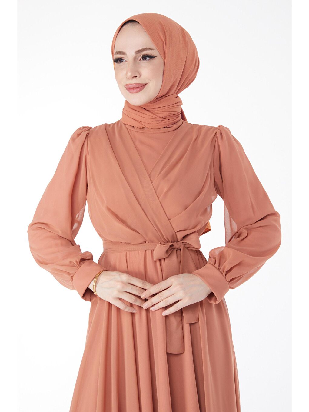 Hakim Yaka Kadın Lila Kruvaze Yaka Kuşaklı Abiye Elbise - 23864-3