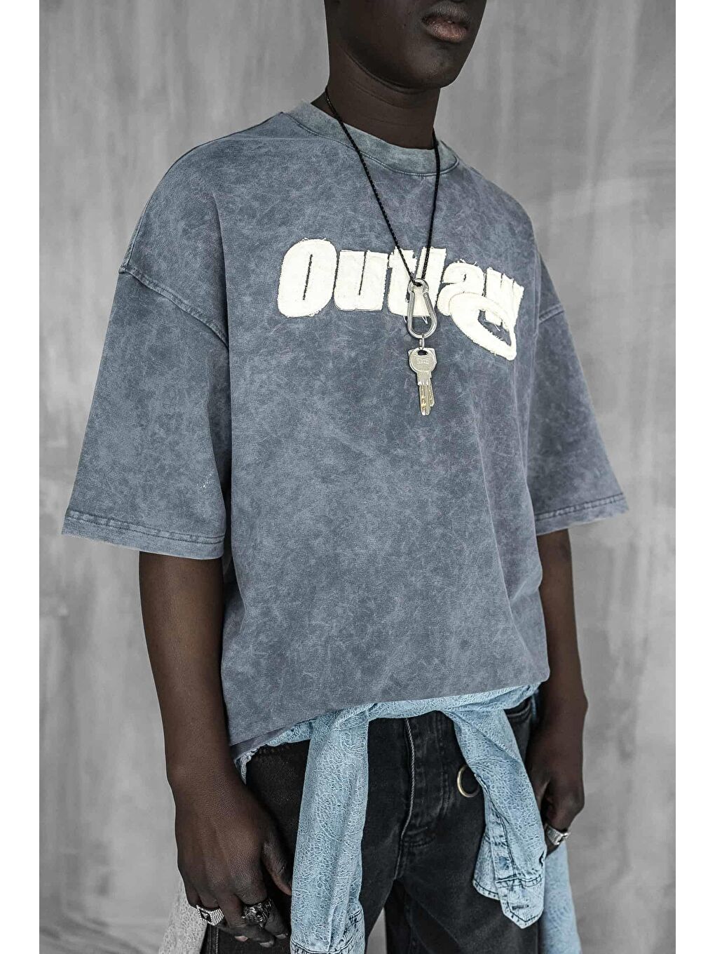 Gri Erkek Yıkamalı Yumuşak Dokulu Oversize Tişört Füme-6