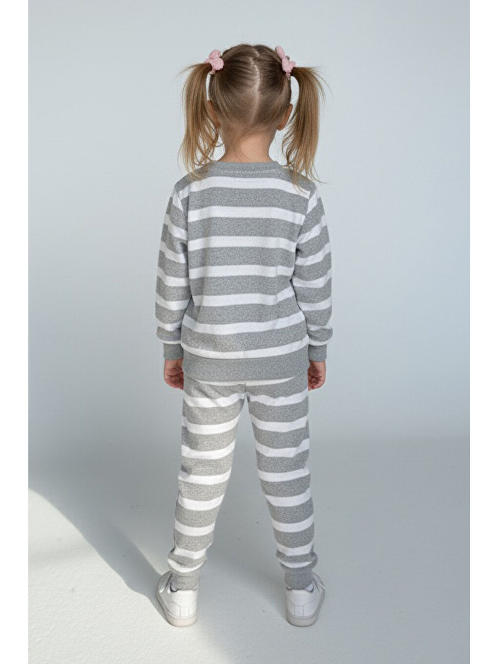 Kız Çocuk Gri Çizgili Nakışlı İki İplik İkili Takım - 28010-GRI-1