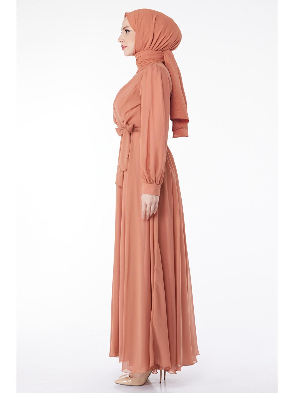 Hakim Yaka Kadın Lila Kruvaze Yaka Kuşaklı Abiye Elbise - 23864-4