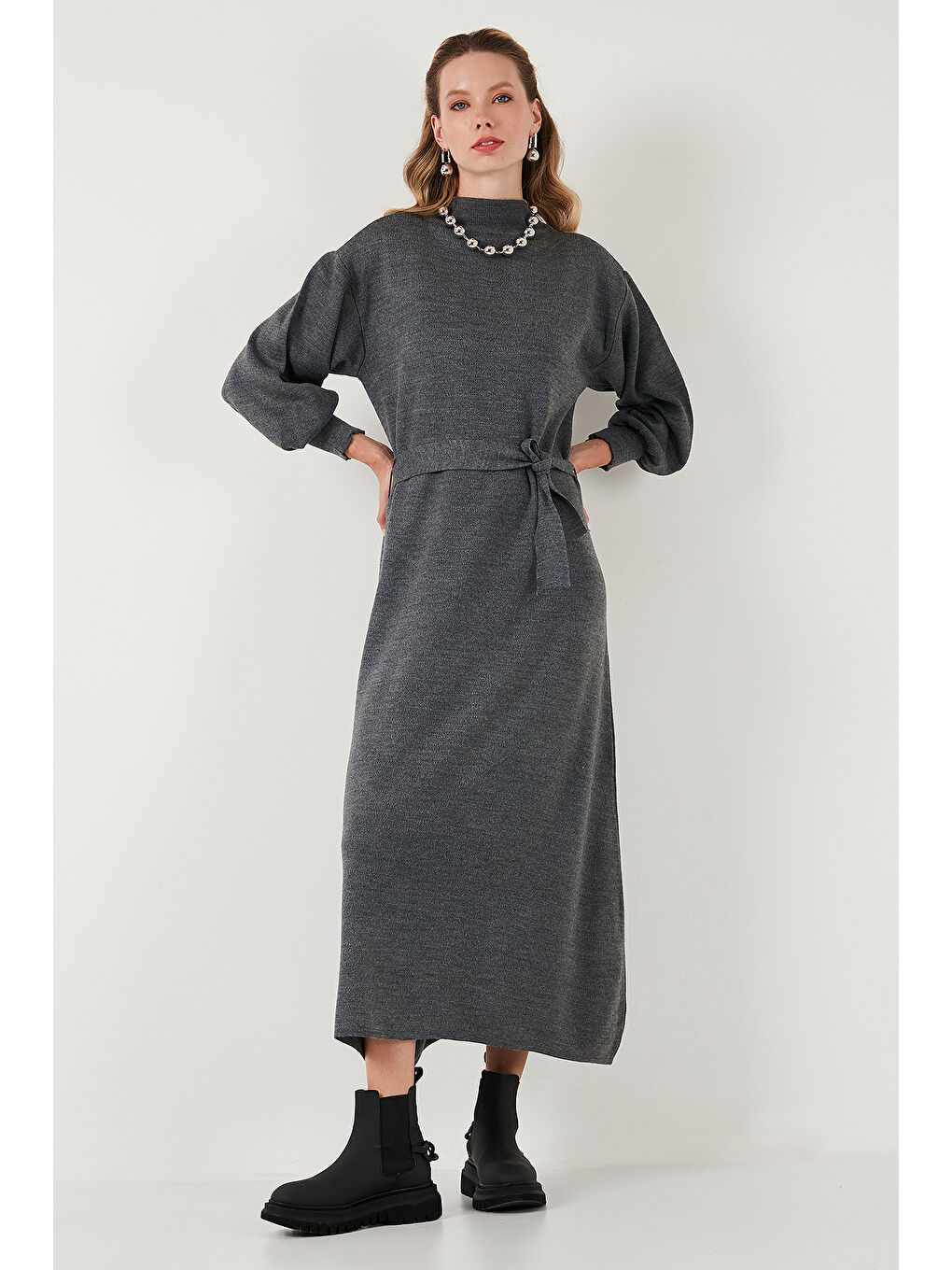 Gri Modest Relaxed Fit Bisiklet Yaka Triko Kadın Elbise 4616198-3