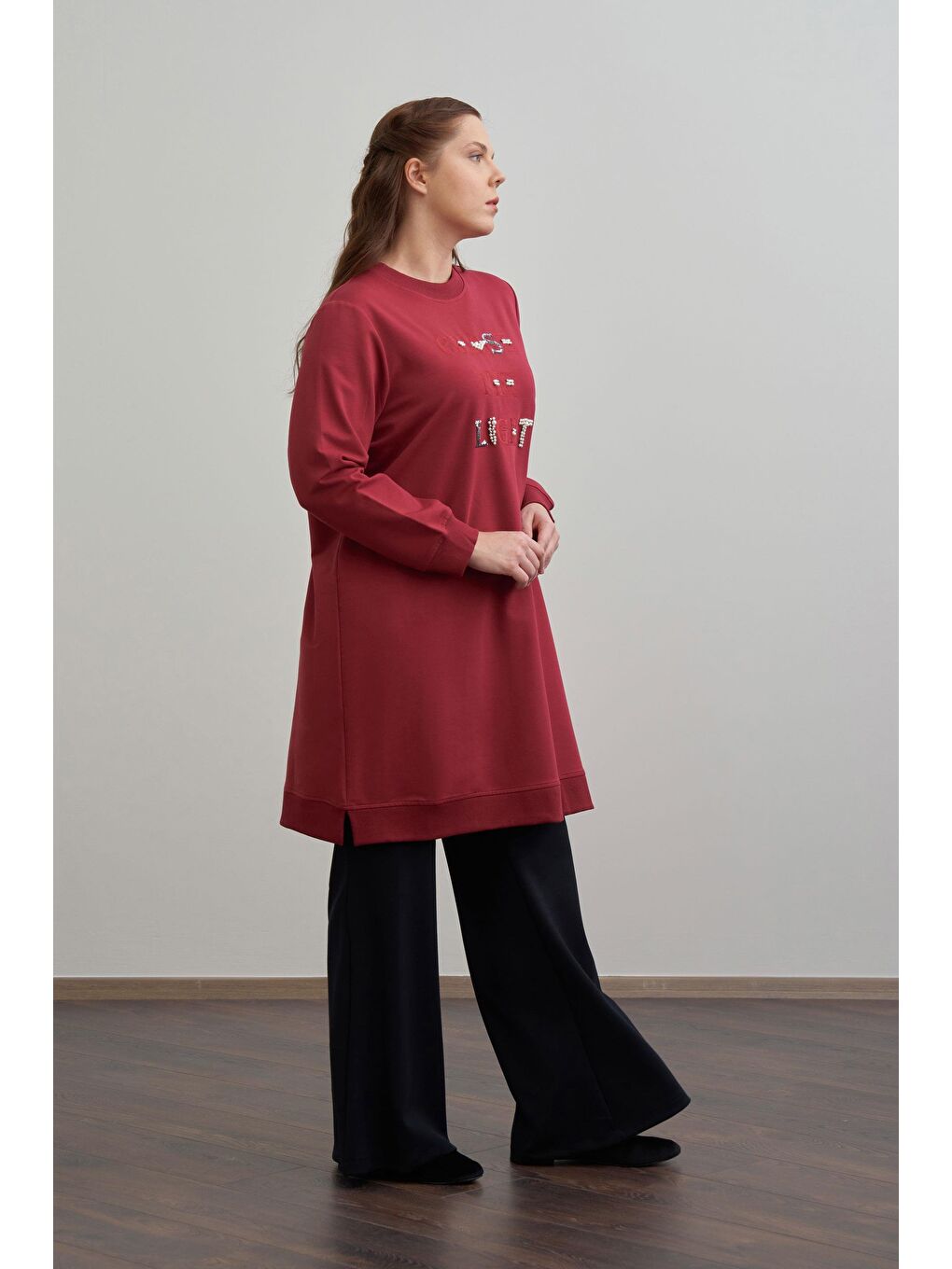 Bordo-Nakışlı Pamuklu Tunik-1