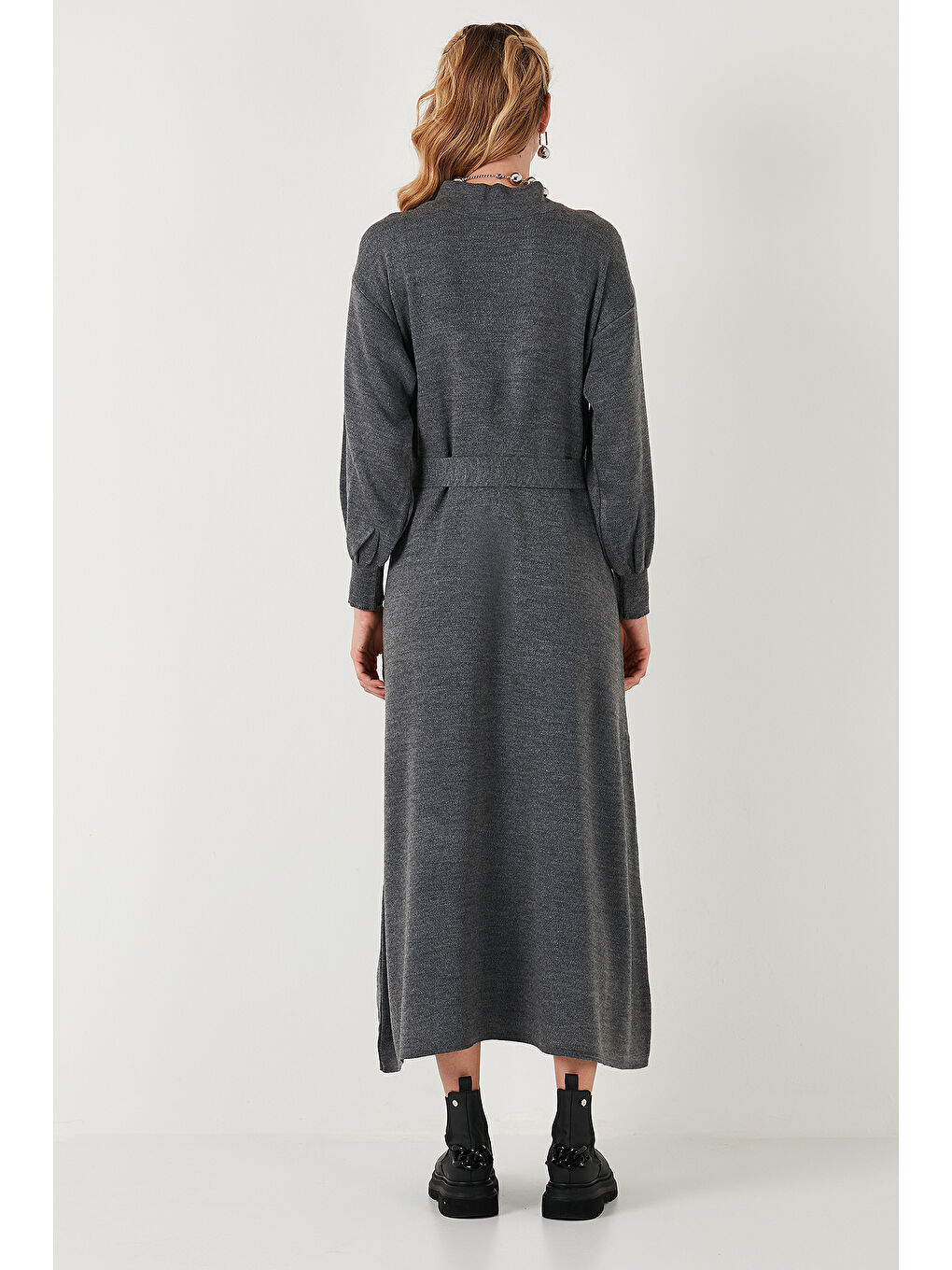 Gri Modest Relaxed Fit Bisiklet Yaka Triko Kadın Elbise 4616198-6