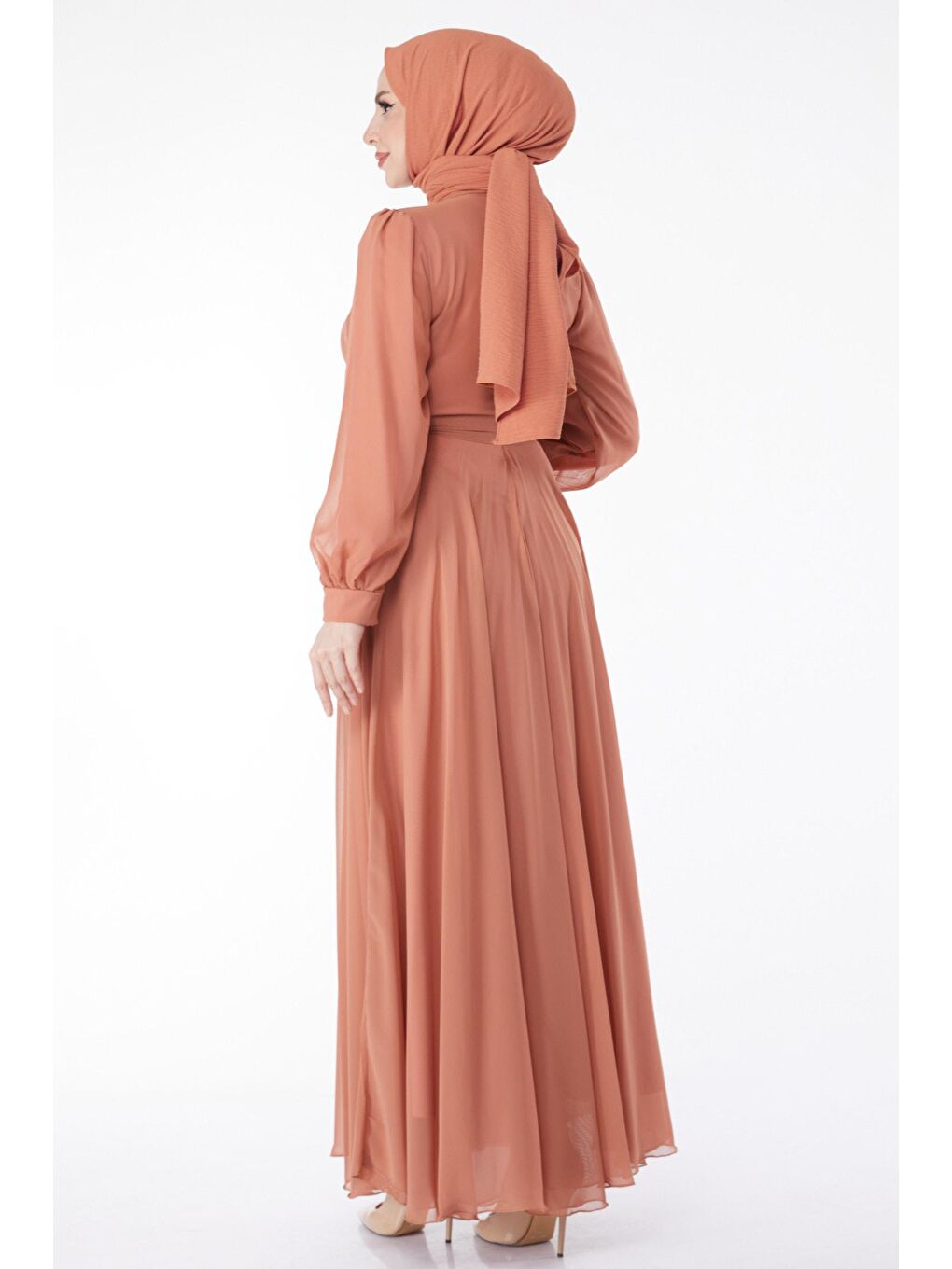 Hakim Yaka Kadın Lila Kruvaze Yaka Kuşaklı Abiye Elbise - 23864-5