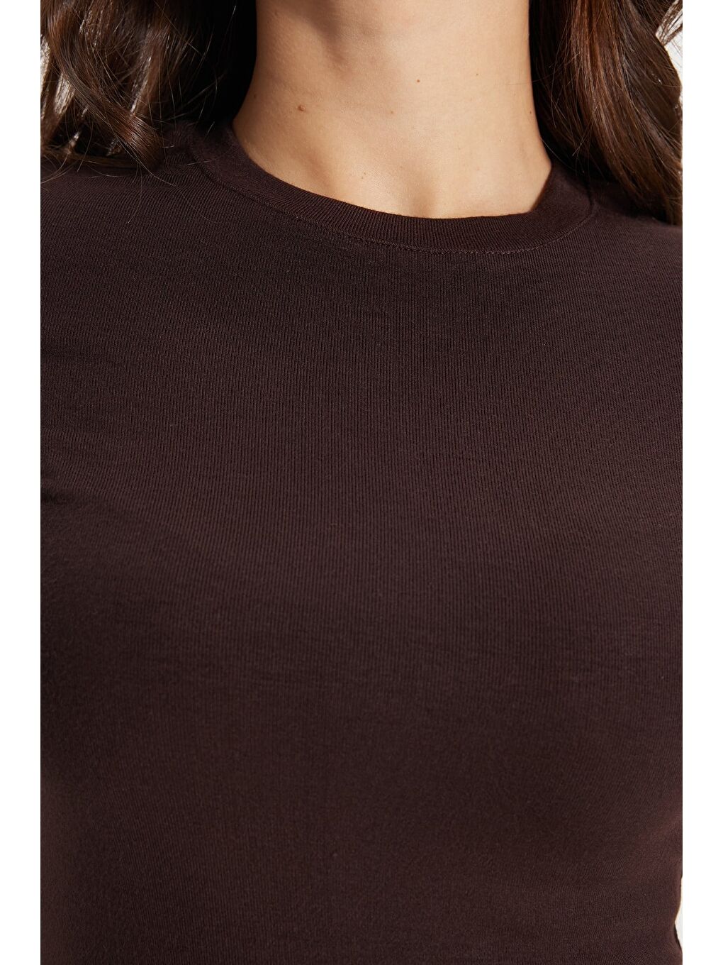 Kadın Slim Fit Dar Kesim Pamuklu Kısa Kollu Bisiklet Yaka Kahverengi Tişört-2
