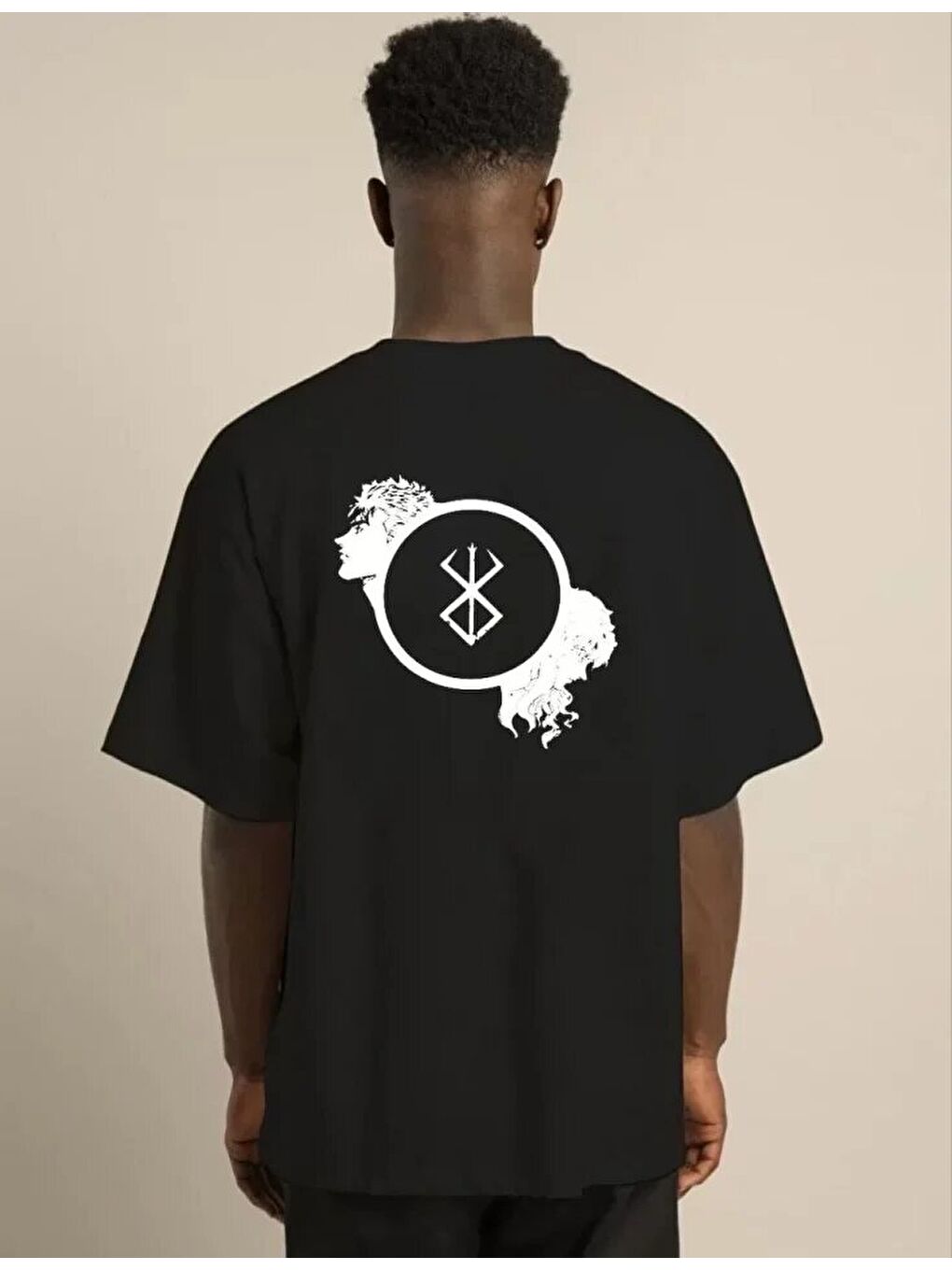 Unisex Bisiklet Yaka Baskılı Oversize T-Shirt - Siyah-1