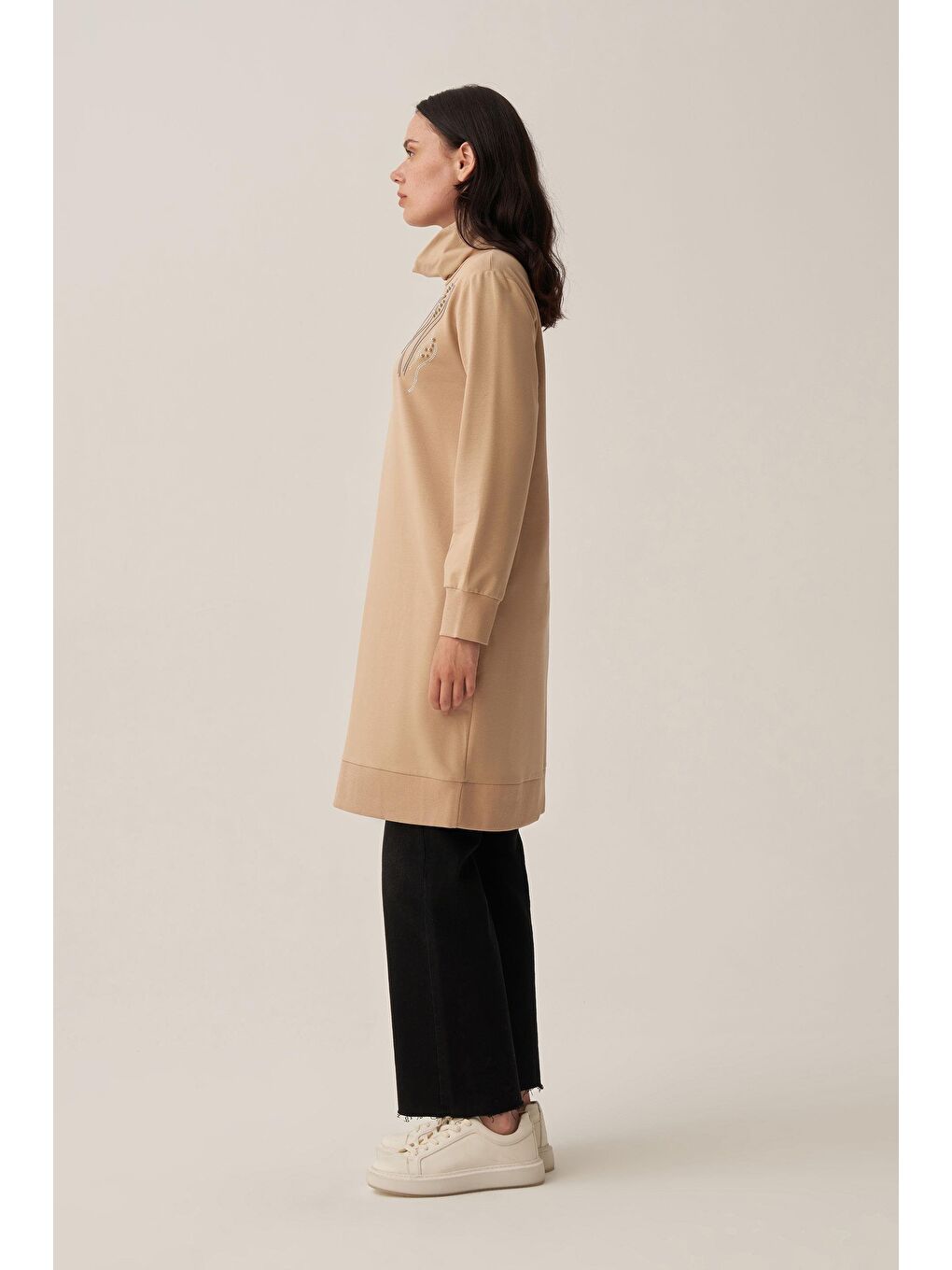 Bej-Taş İşlemeli Pamuklu Tunik-1