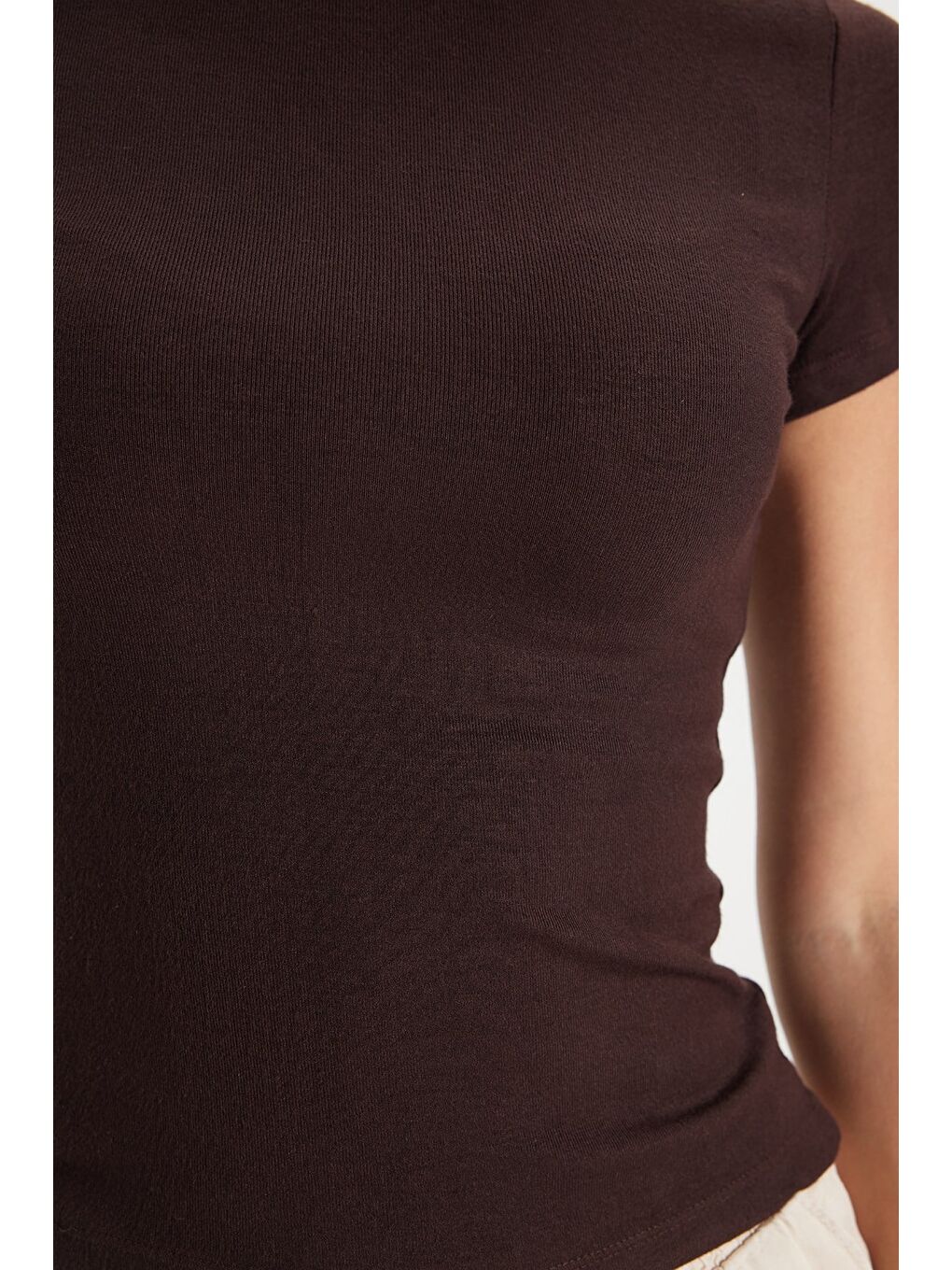 Kadın Slim Fit Dar Kesim Pamuklu Kısa Kollu Bisiklet Yaka Kahverengi Tişört-3