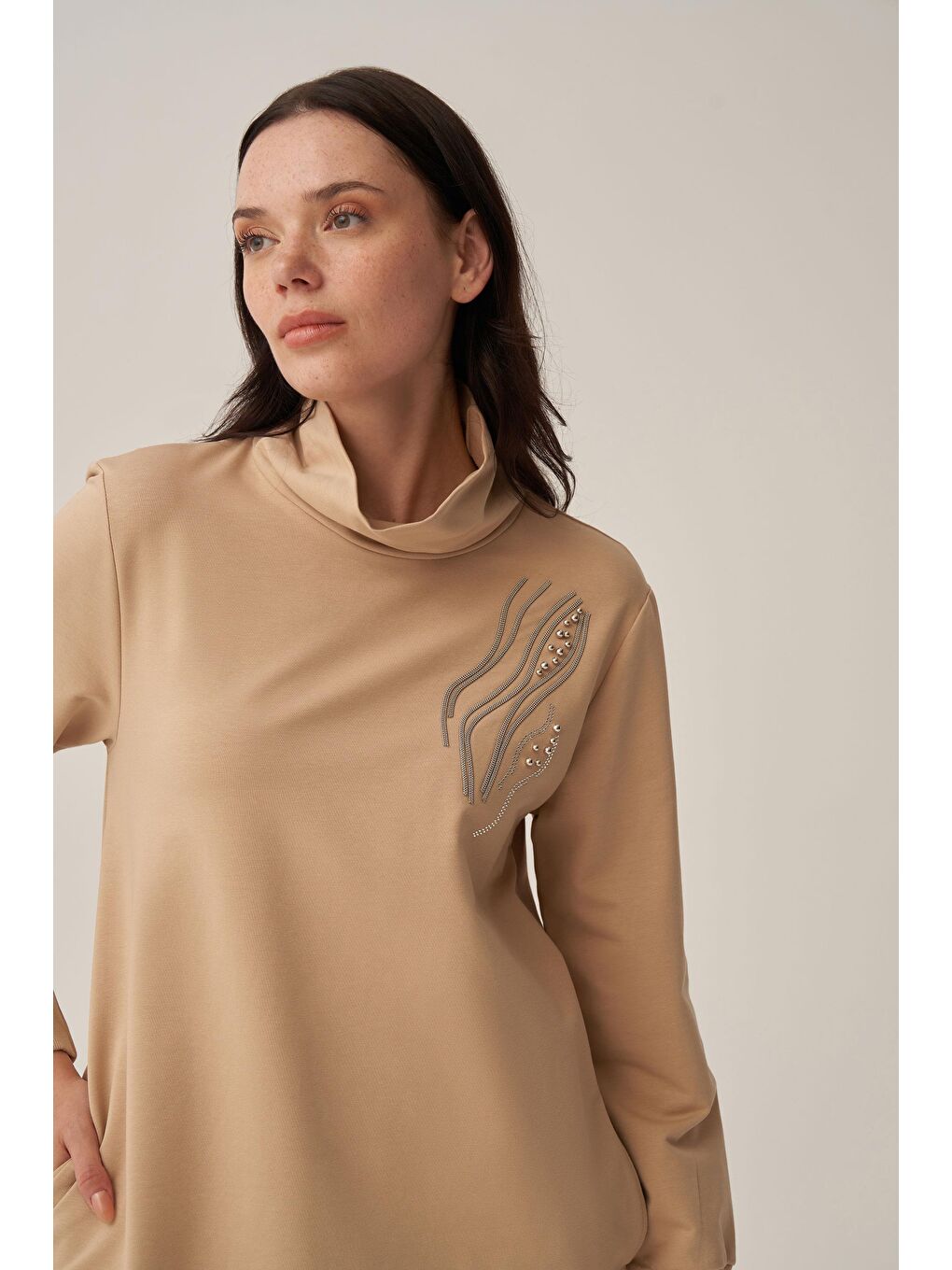 Bej-Taş İşlemeli Pamuklu Tunik-3