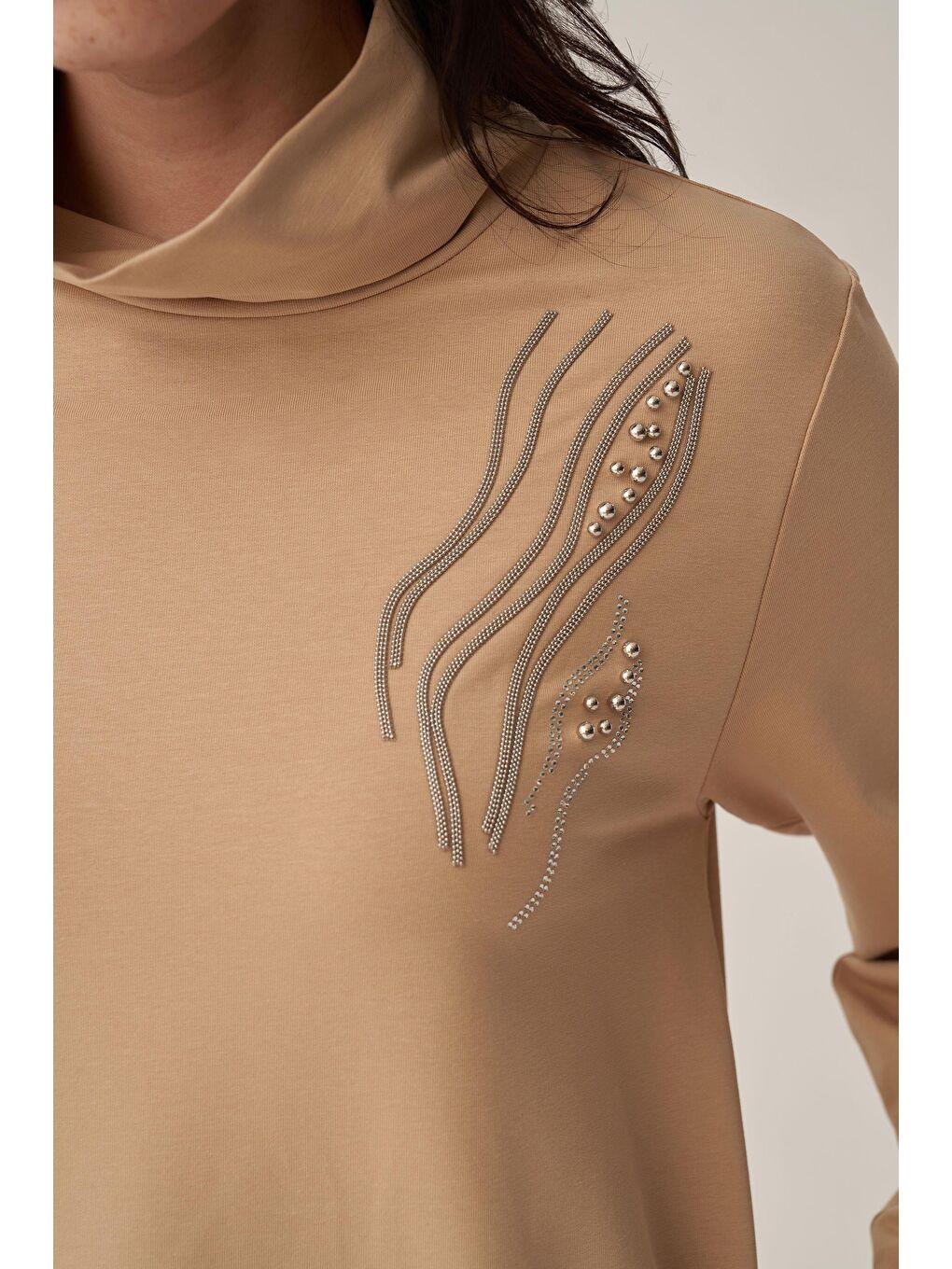 Bej-Taş İşlemeli Pamuklu Tunik-4