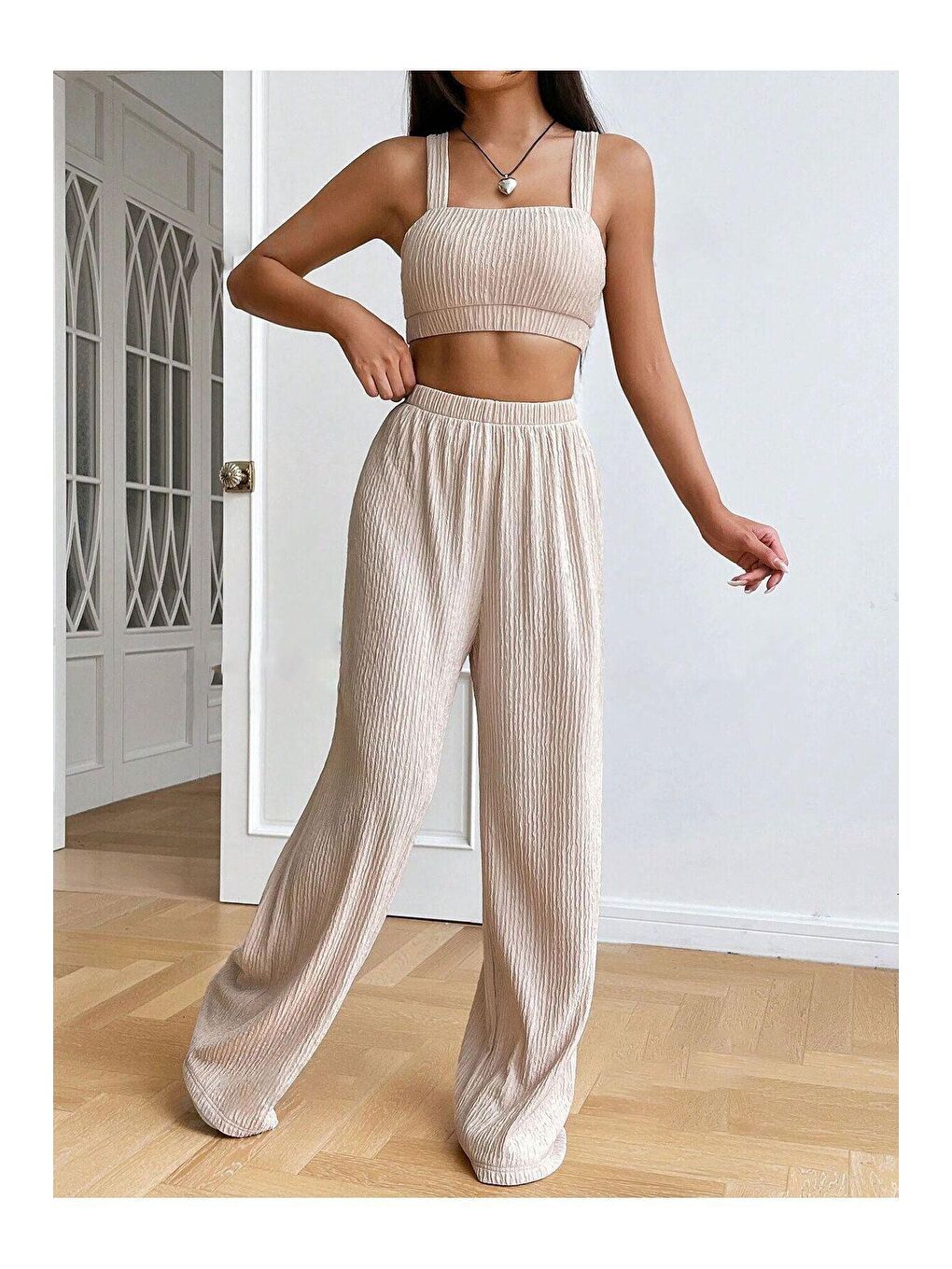 Trendseninle Vizon Bürümcük Krinkıl Örme Crop Pantolon Takım