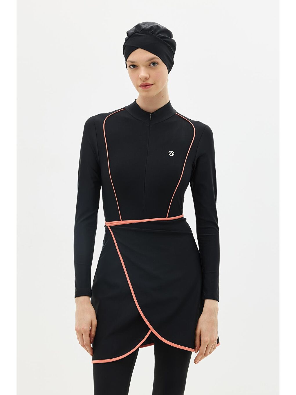 Etekli Taytlı Tam Kapalı Tesettür Mayo C13059 Siyah/Kremit-1