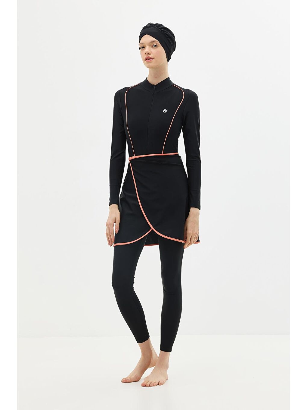 Etekli Taytlı Tam Kapalı Tesettür Mayo C13059 Siyah/Kremit-2