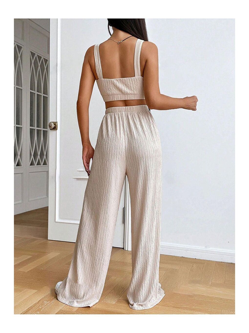 Trendseninle Vizon Bürümcük Krinkıl Örme Crop Pantolon Takım - 1