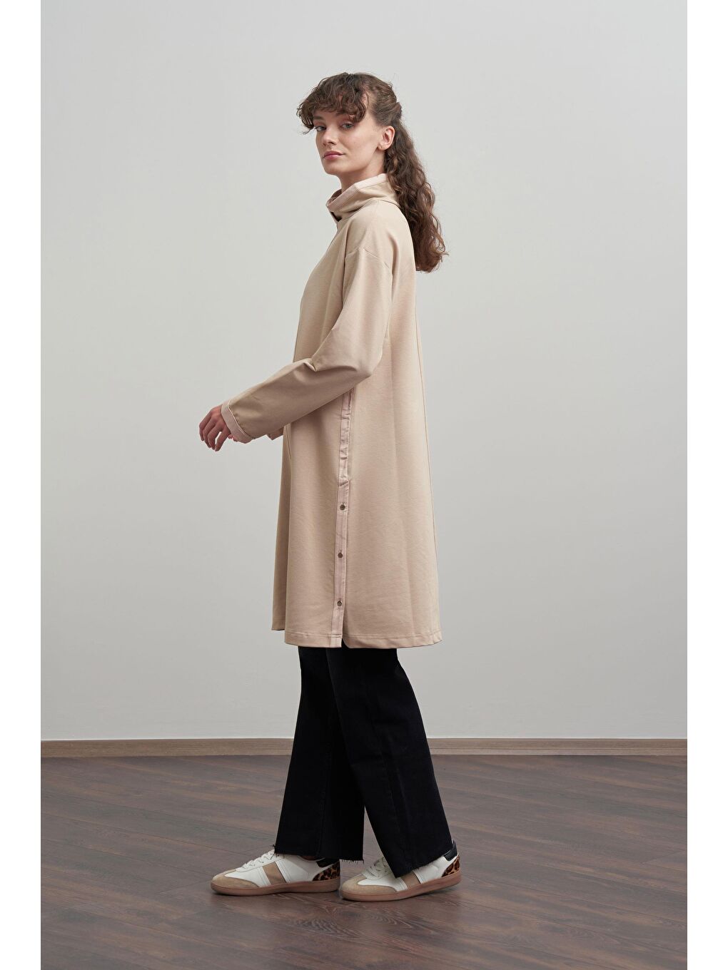 Bej-Deri Biyeli Pamuklu Uzun Tunik-1