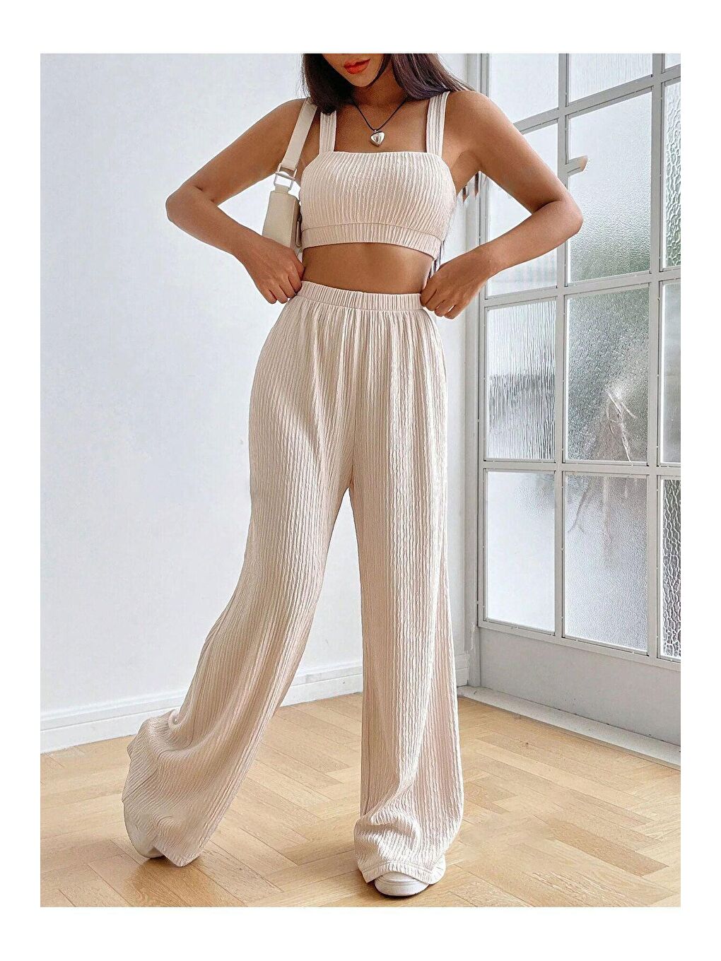 Trendseninle Vizon Bürümcük Krinkıl Örme Crop Pantolon Takım - 3