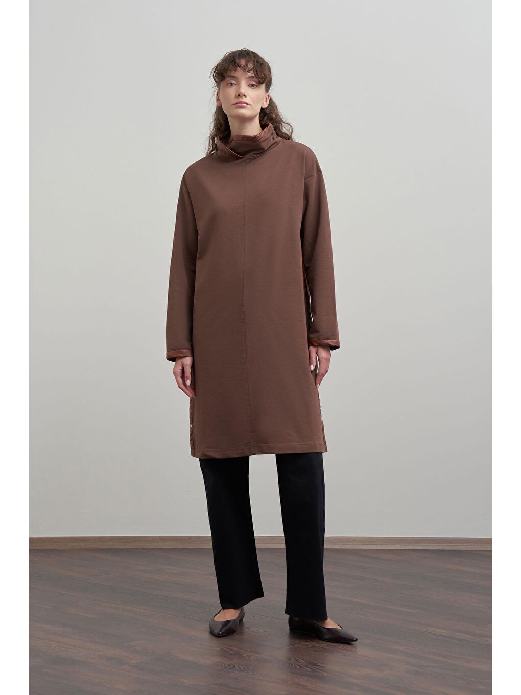 Kahverengi Kahve-Deri Biyeli Pamuklu Uzun Tunik-1