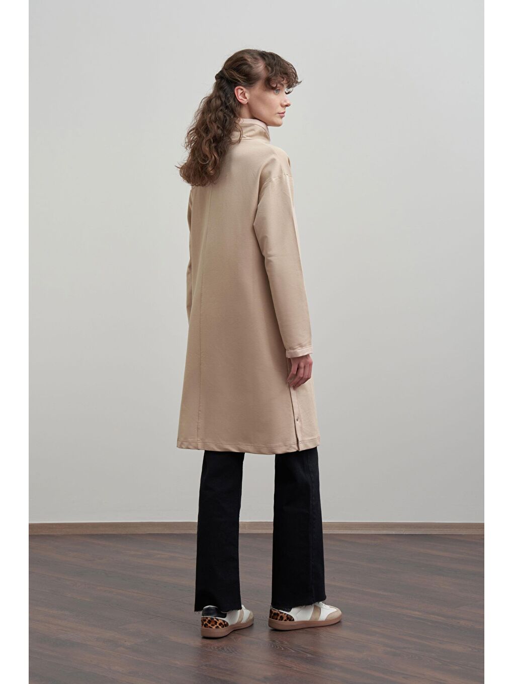 Bej-Deri Biyeli Pamuklu Uzun Tunik-2