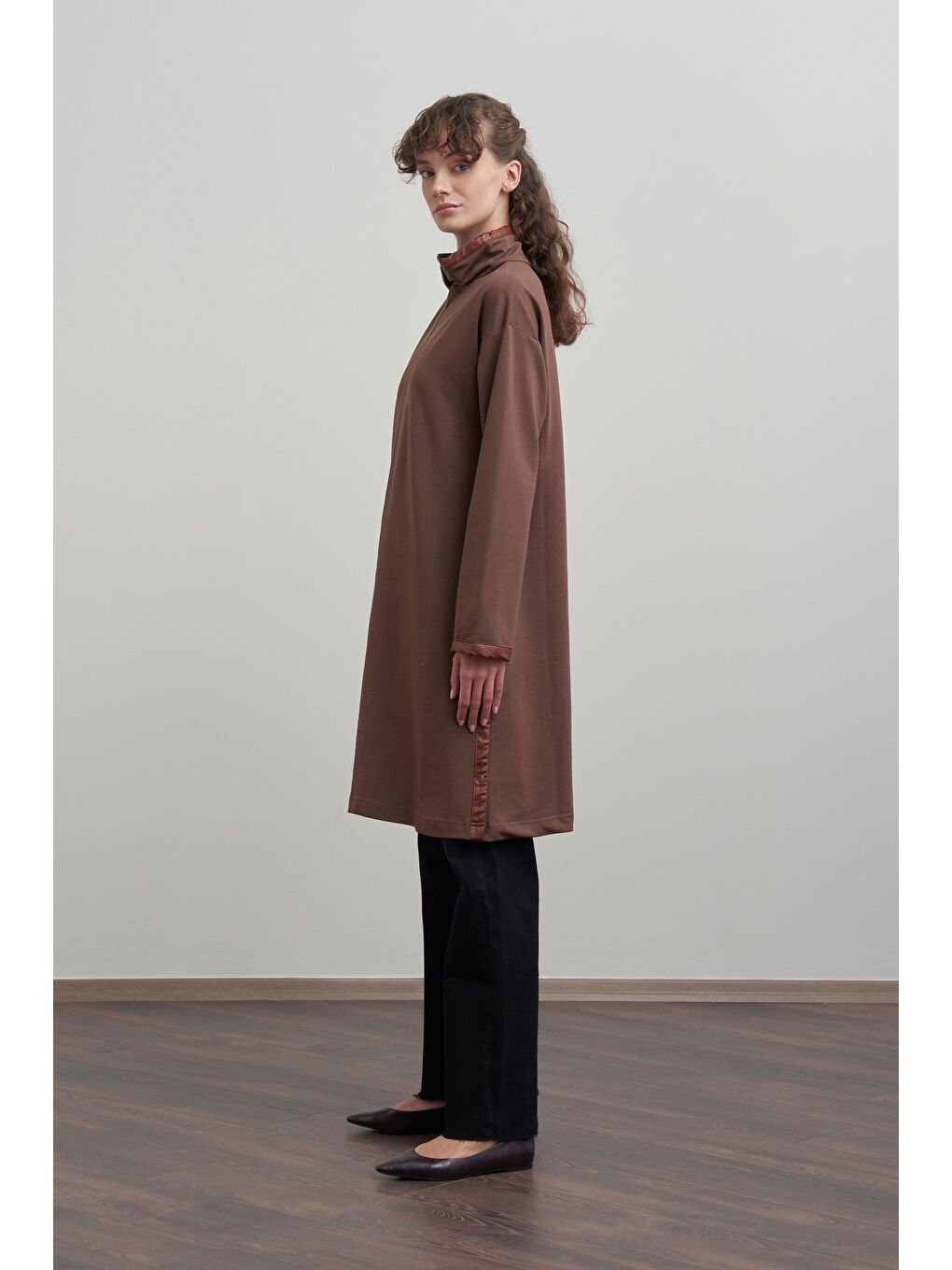 Kahverengi Kahve-Deri Biyeli Pamuklu Uzun Tunik-2