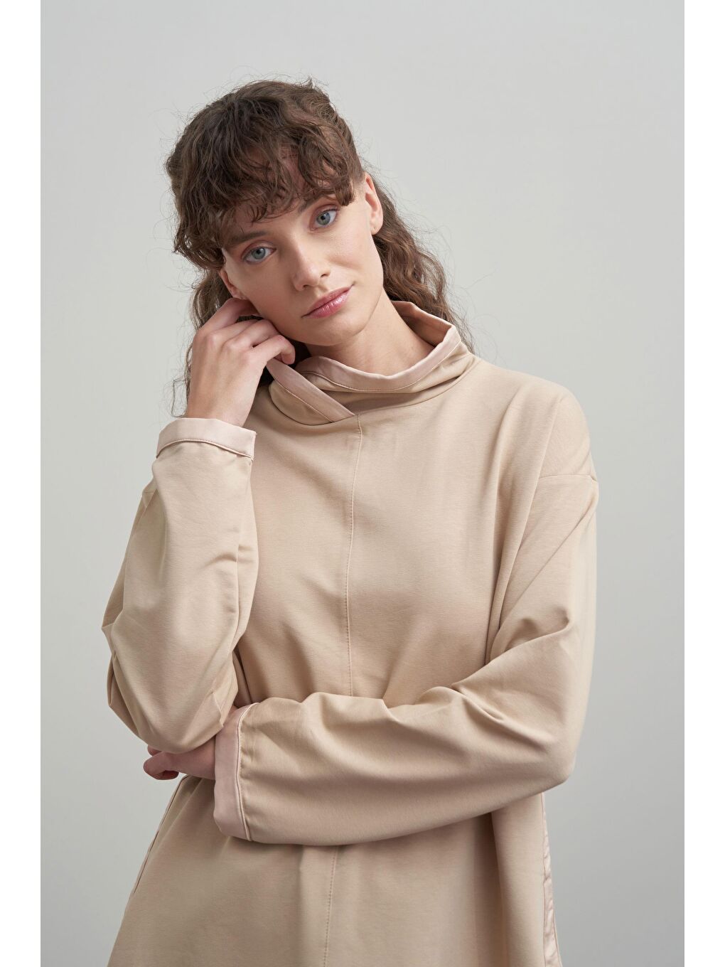 Bej-Deri Biyeli Pamuklu Uzun Tunik-3