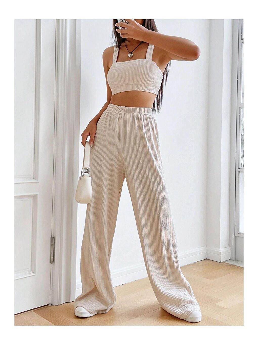 Trendseninle Vizon Bürümcük Krinkıl Örme Crop Pantolon Takım - 4