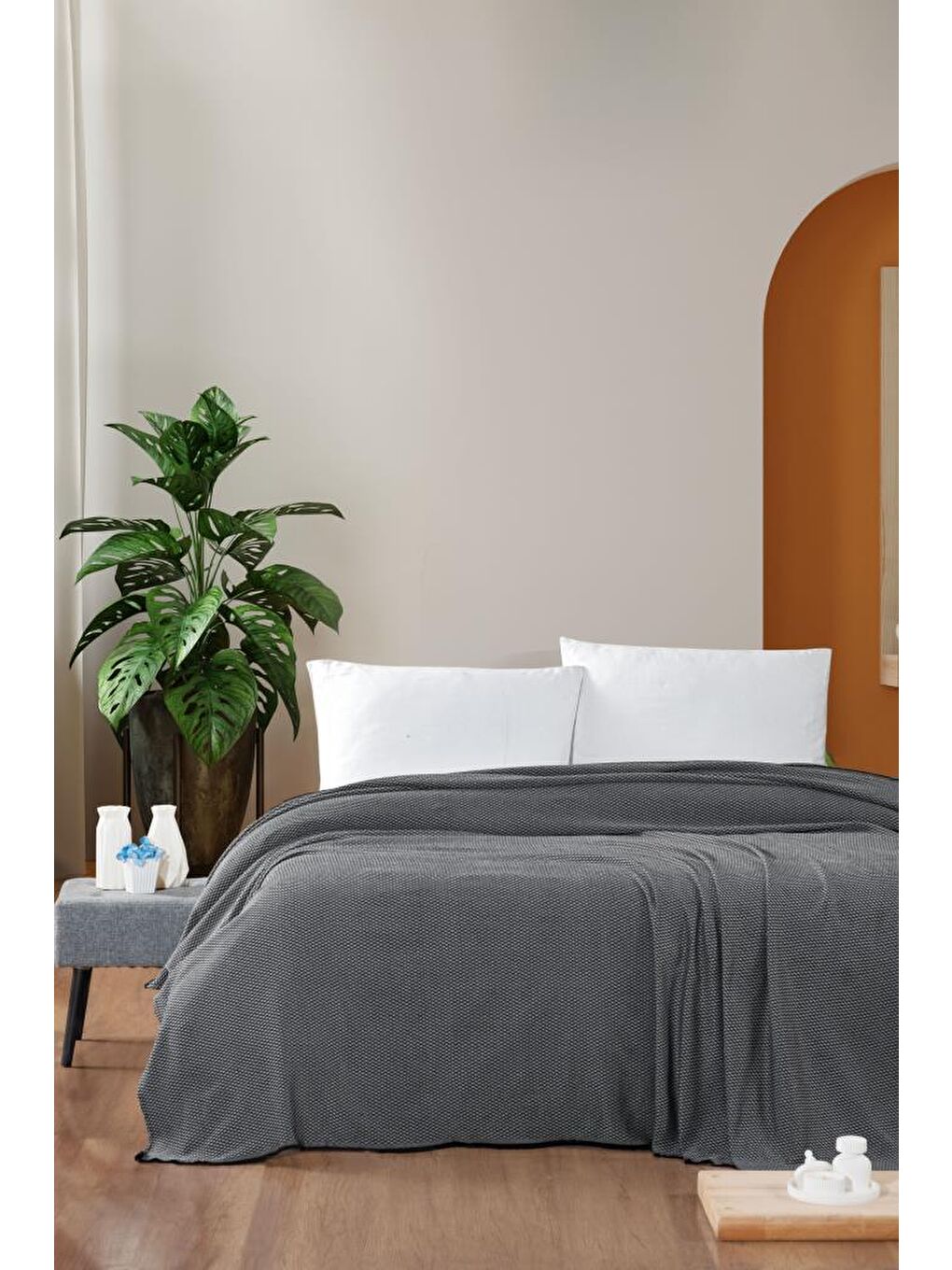 Antrasit Macar Çift Kişilik Pike Pamuklu Yatak Örtüsü 220x230