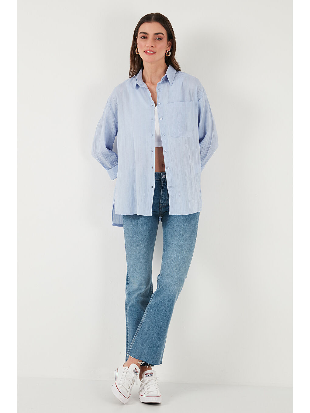 Mavi Regular Fit Tek Cepli Önü Kısa Arkası Uzun Krinkıl Kadın Gömlek 6772752-3