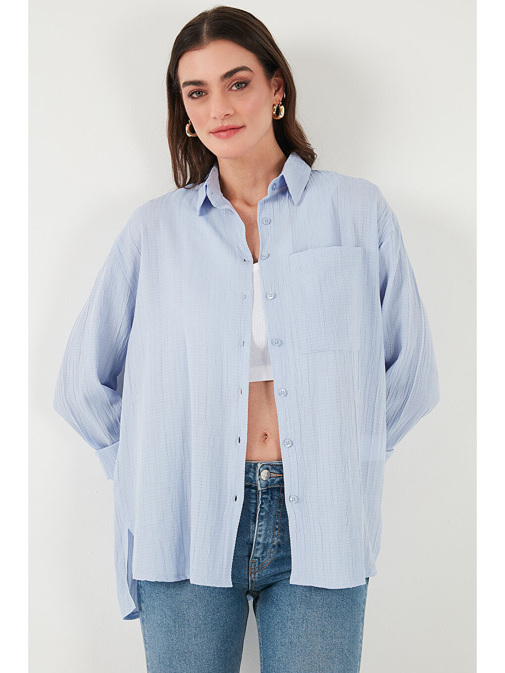 Mavi Regular Fit Tek Cepli Önü Kısa Arkası Uzun Krinkıl Kadın Gömlek 6772752-5