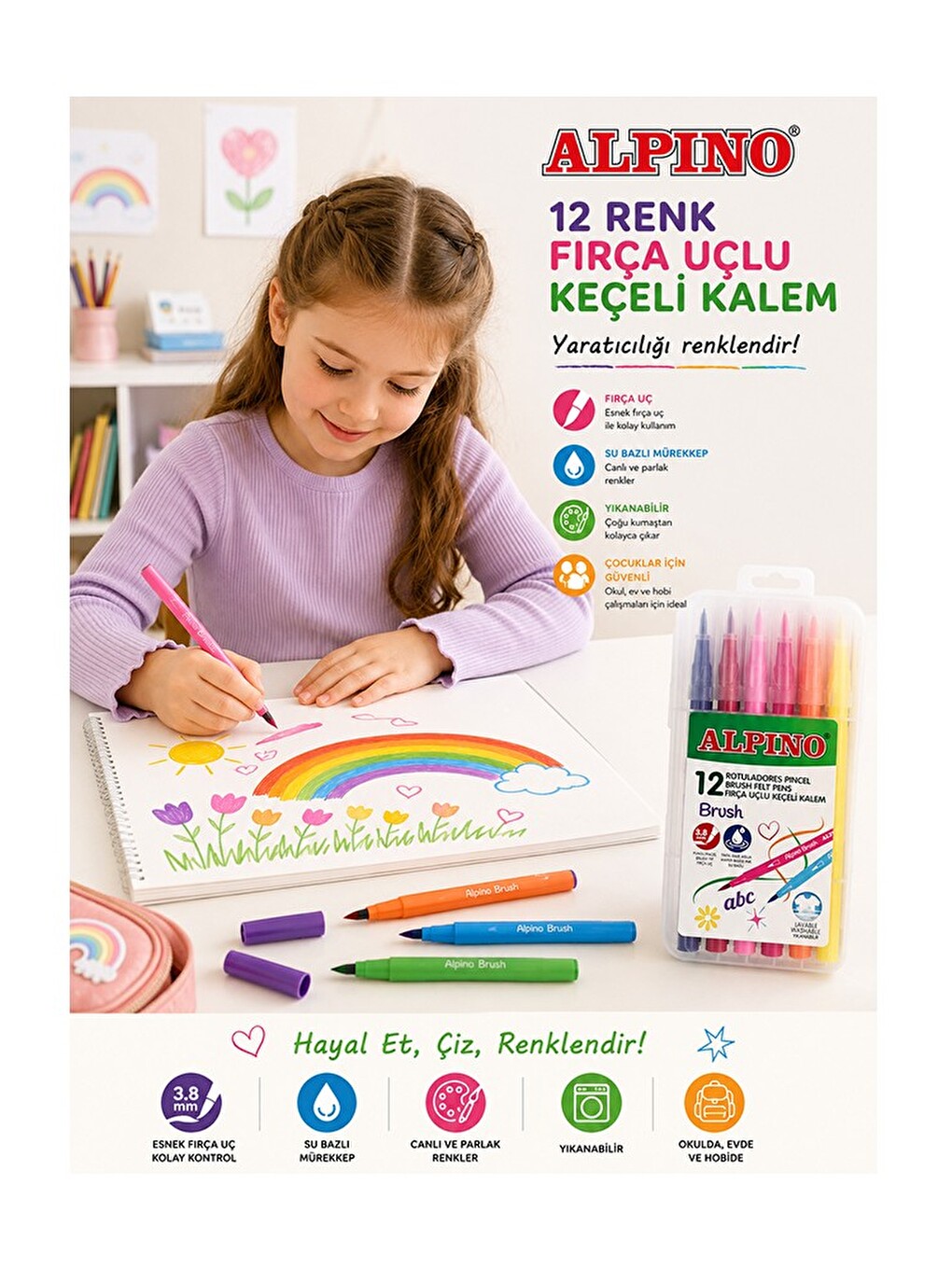 Keçeli Boya Kalemi Alpino 12 Li 1 Paket Keçeli Kalem 12 Renk Keçe Uçlu Boya Kalemi Okul Öğrenci-2