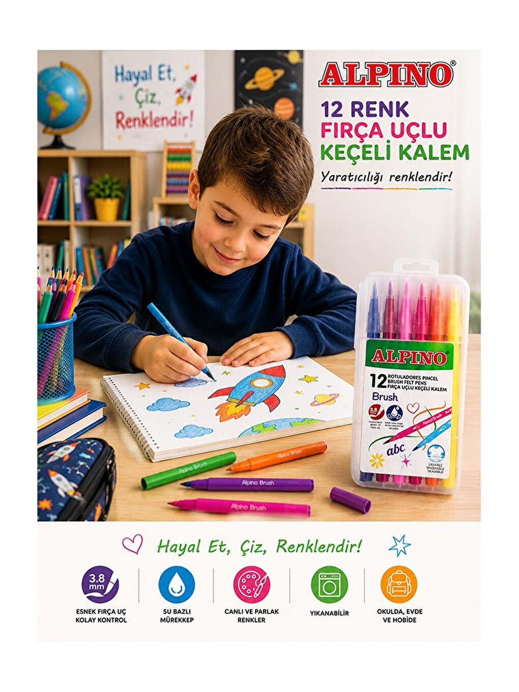 Keçeli Boya Kalemi Alpino 12 Li 1 Paket Keçeli Kalem 12 Renk Keçe Uçlu Boya Kalemi Okul Öğrenci-3