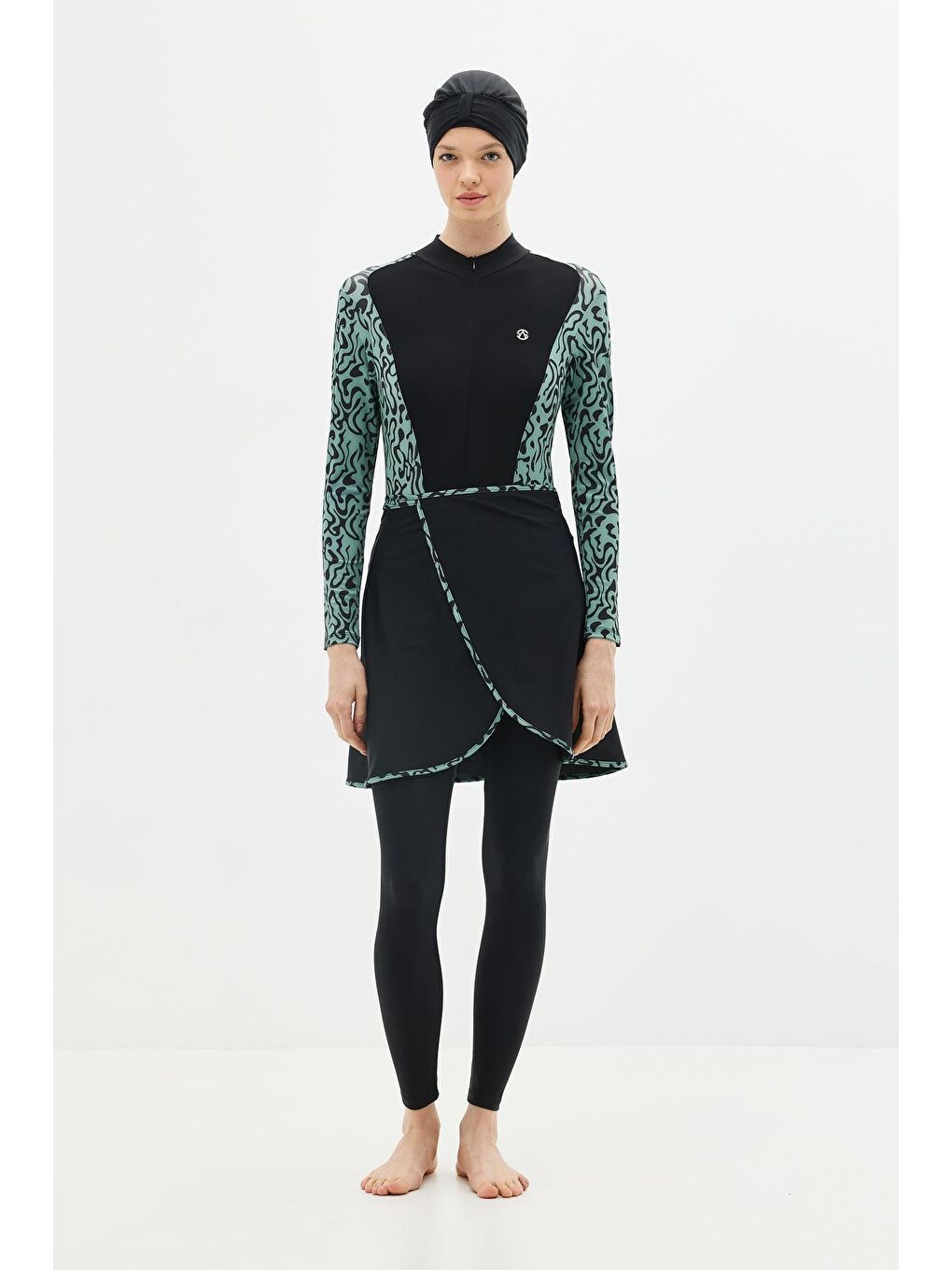 Etekli Taytlı Tam Kapalı Tesettür Mayo C13059 Yeşil/Siyah