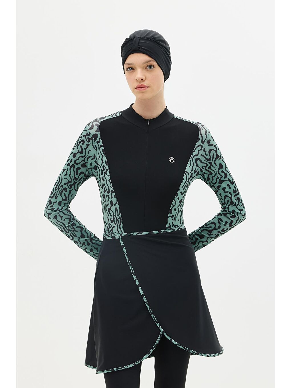 Etekli Taytlı Tam Kapalı Tesettür Mayo C13059 Yeşil/Siyah-1