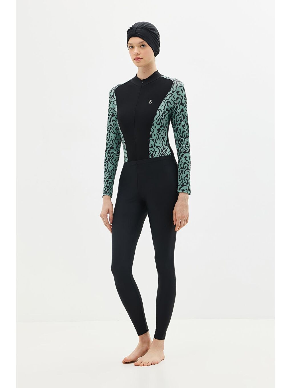 Etekli Taytlı Tam Kapalı Tesettür Mayo C13059 Yeşil/Siyah-3