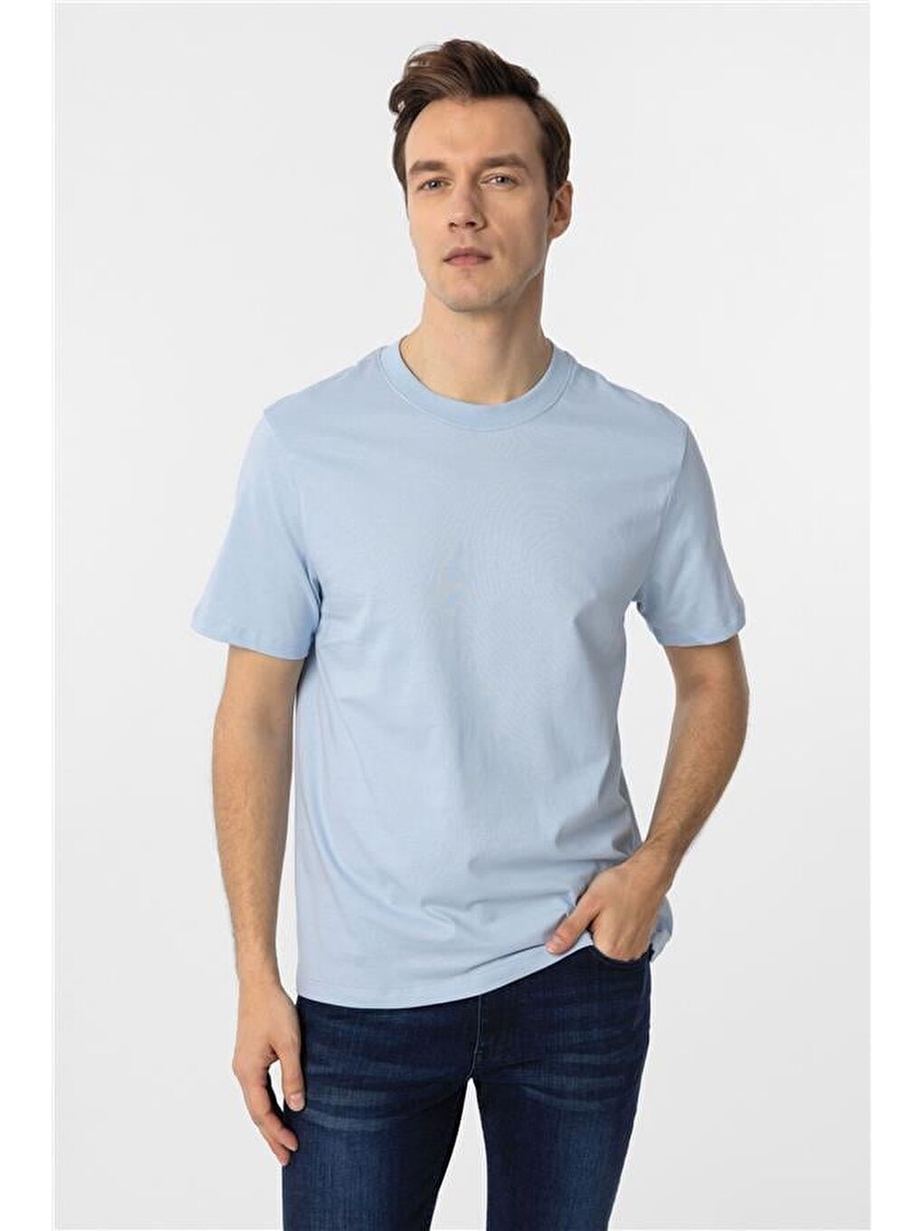 Buz Mavi Regular Düz Bisiklet Yaka Tişört-2