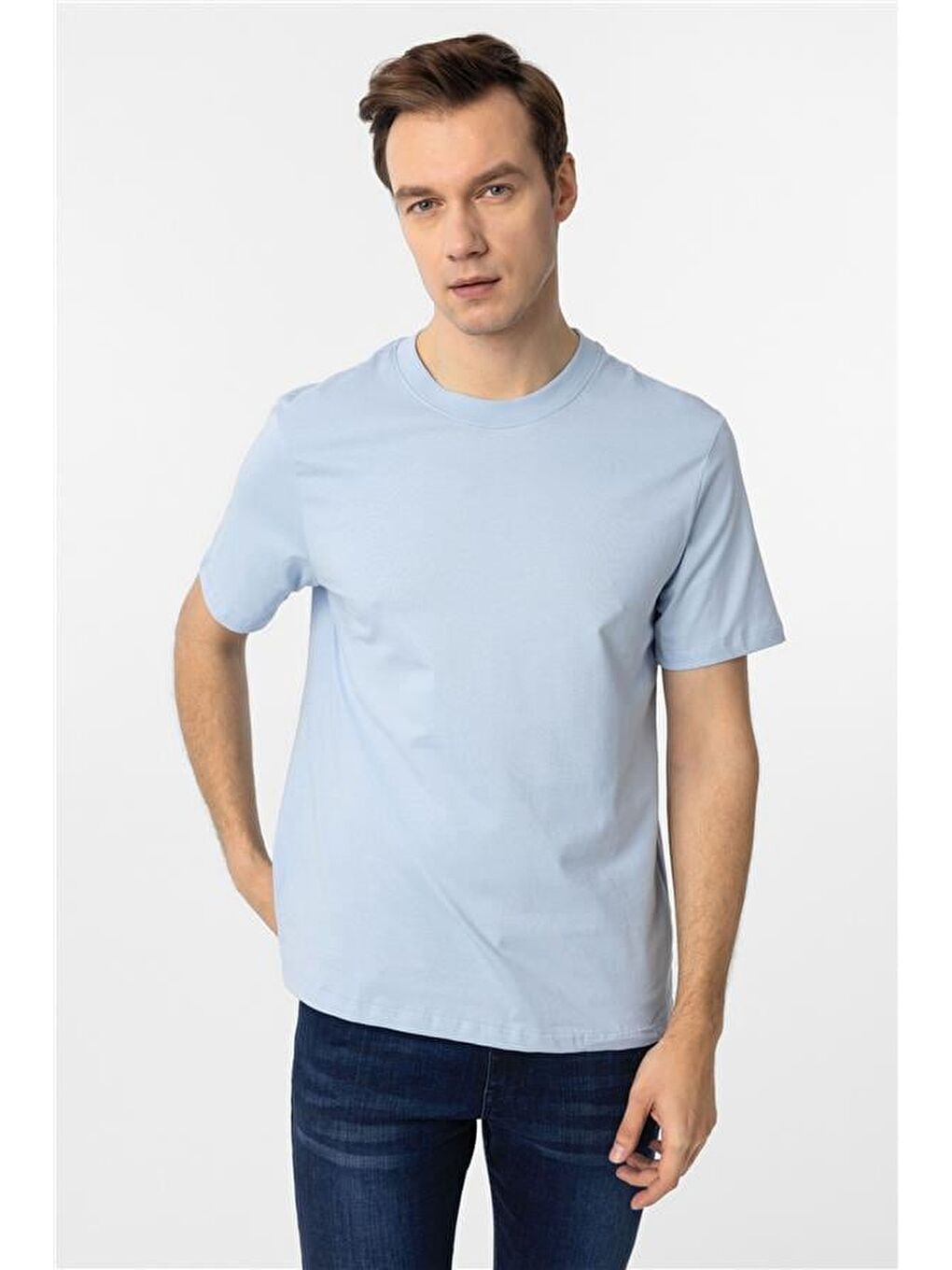 Buz Mavi Regular Düz Bisiklet Yaka Tişört-3