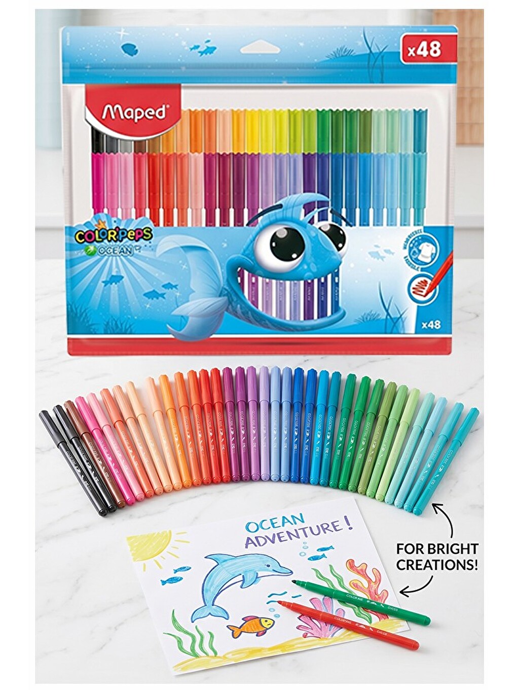 Keçeli Kalem 48 Renk 1 Paket Maped 48 Li Keçeli Kalem Canlı Ve Parlak Renkler Ocean Color Peps Yıkan