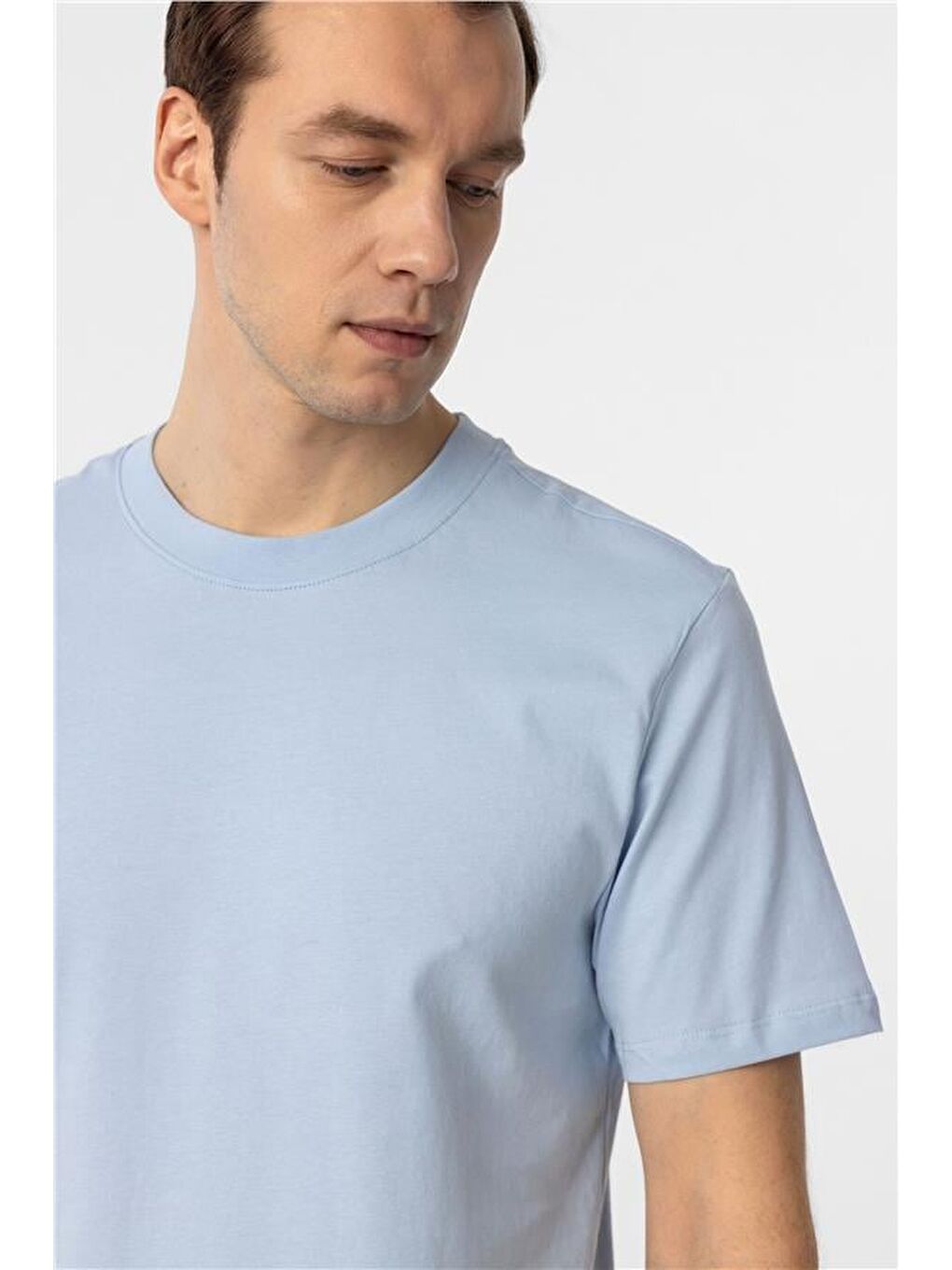 Buz Mavi Regular Düz Bisiklet Yaka Tişört-4