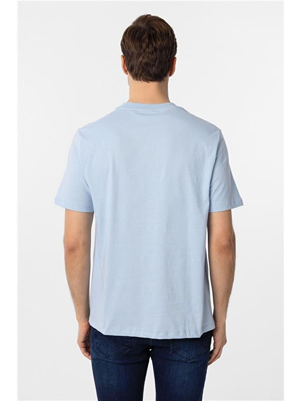 Buz Mavi Regular Düz Bisiklet Yaka Tişört-5