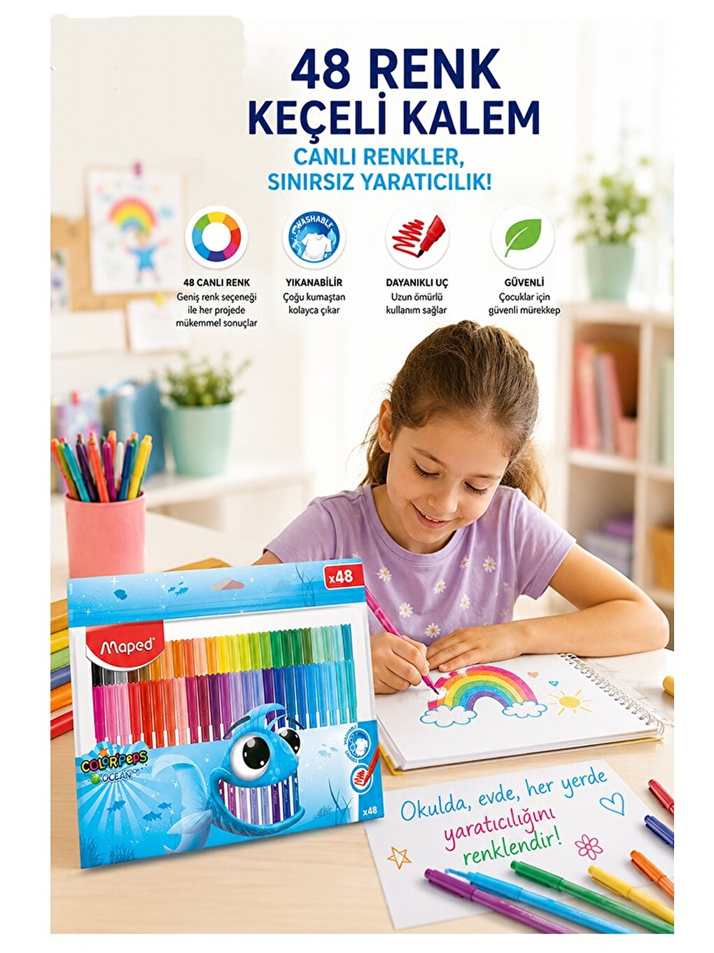 Keçeli Kalem 48 Renk 1 Paket Maped 48 Li Keçeli Kalem Canlı Ve Parlak Renkler Ocean Color Peps Yıkan-2